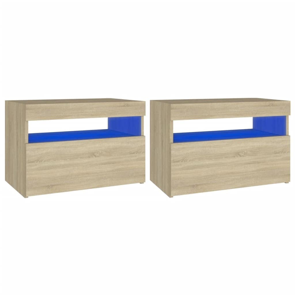 vidaXL 2X Bedside Cabinet & LED Lights Home Indoor Telephone Stand Bedside Organizer Nightstand Bed Couch End Table Furniture Sonoma Oak